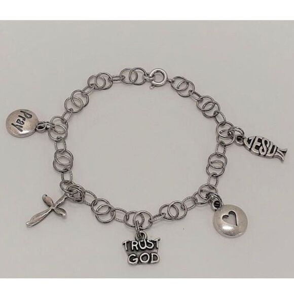 Vintage 925 Silver Religious Charm Bracelet with 5 Charms - SJC Marked - Picture 3 of 10